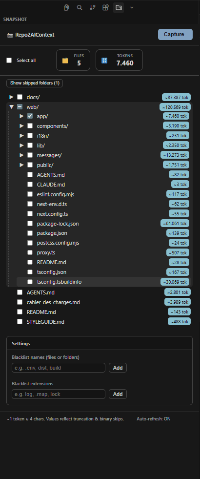 Capture de la sidebar Repo2AIContext dans VS Code, avec l’arbre de fichiers, les compteurs et les réglages de blacklist.