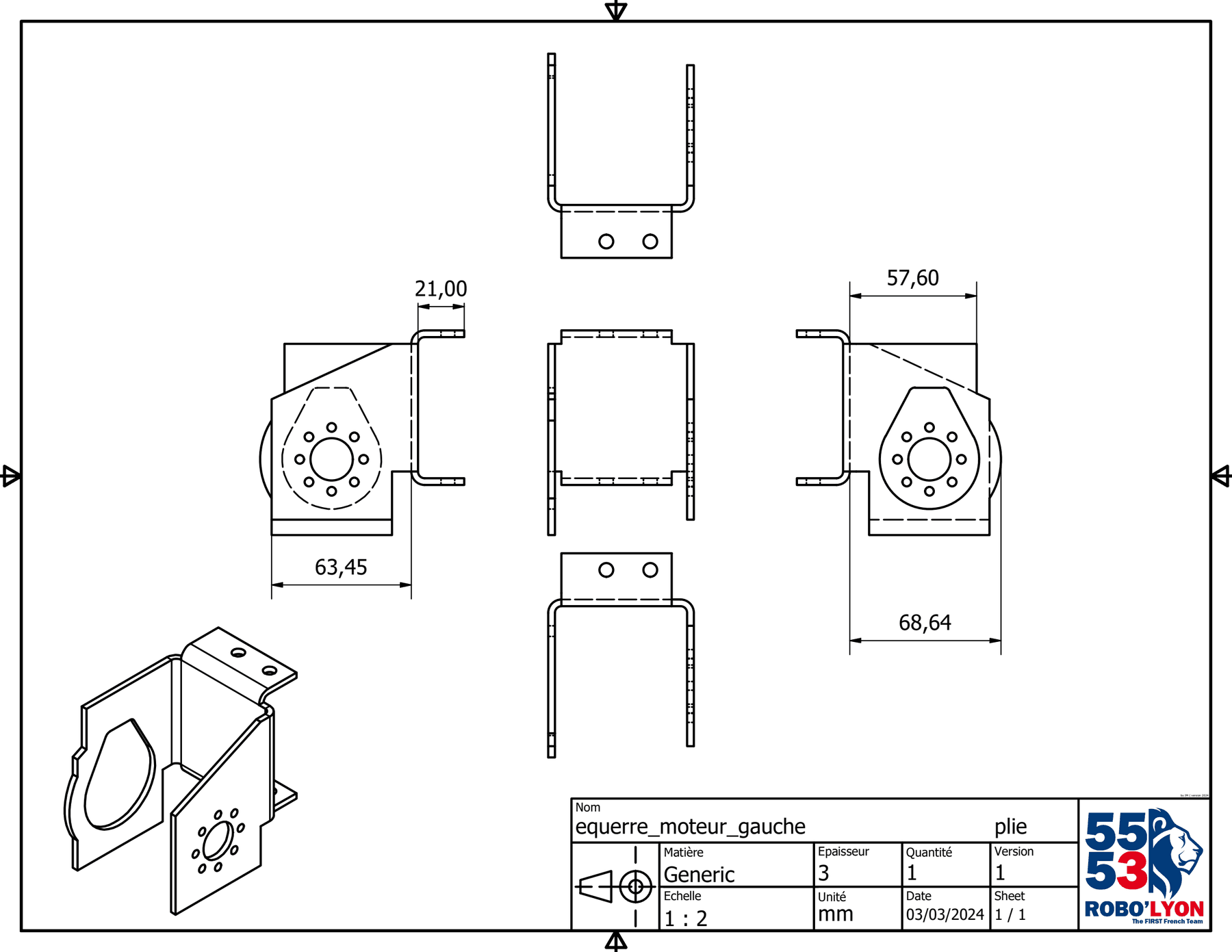 Plan CAD Robo’Lyon d’une équerre moteur gauche pliée, avec vues cotées et cartouche de fabrication.