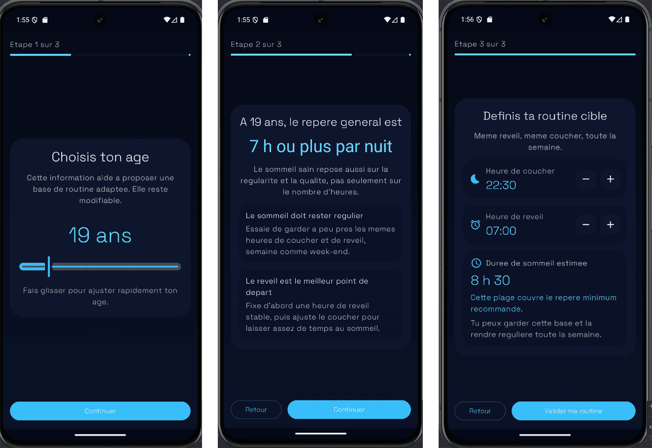Trois écrans d’onboarding Sleep Space Game pour choisir l’âge, lire un repère de sommeil, puis définir une routine cible.