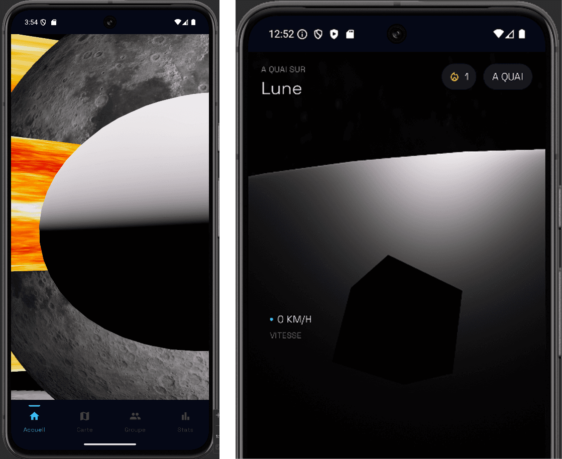 Deux états du rendu spatial Sleep Space Game avec corps célestes texturés, HUD superposé et vaisseau placeholder.